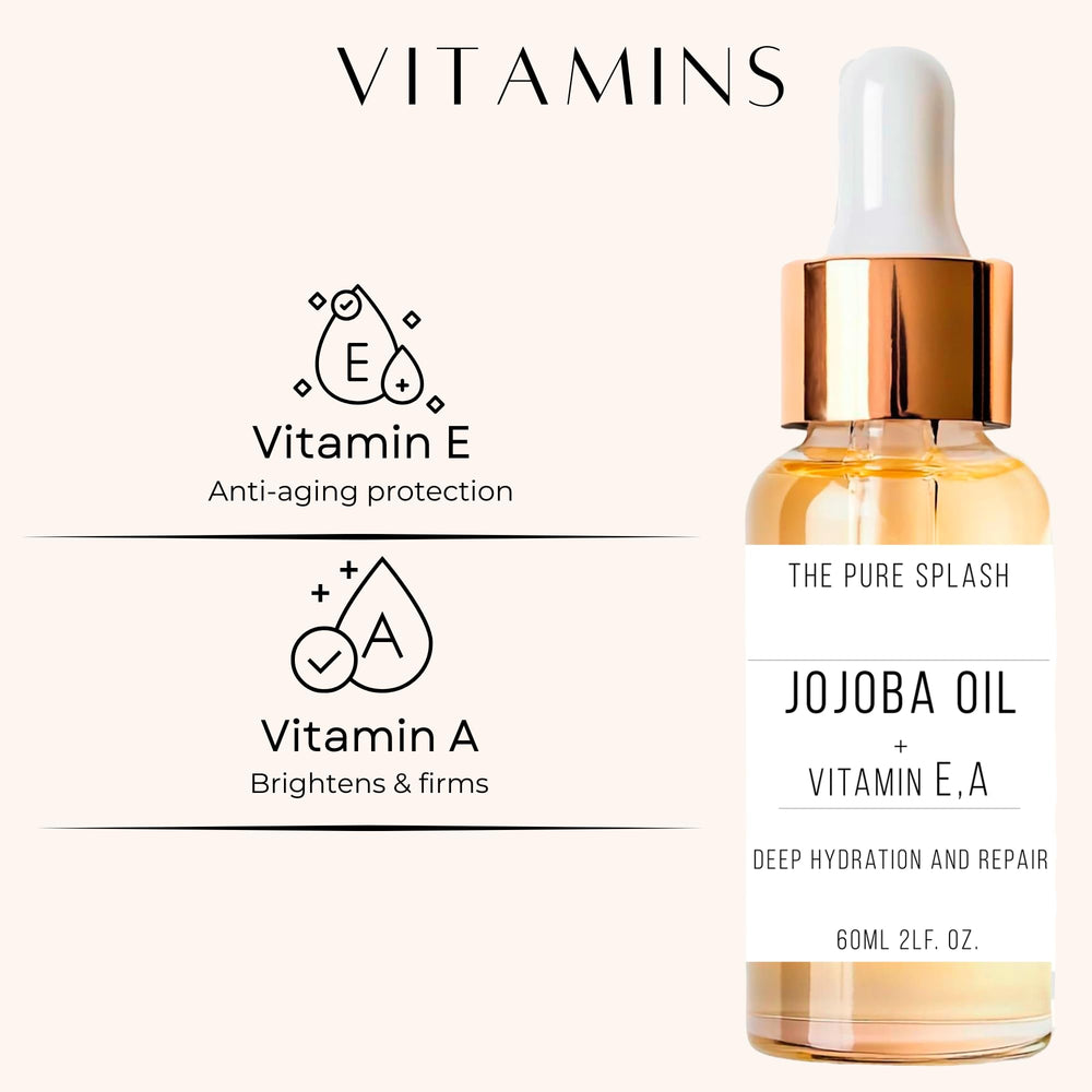 Packaging shot of The Pure Splash jojoba oil, clean ingredients and vitamin blend.