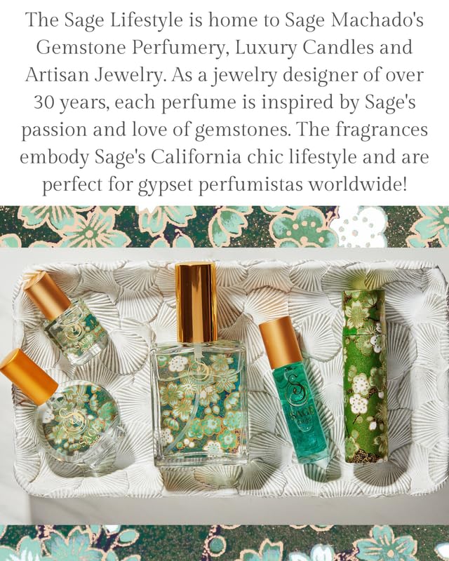 The Sage Lifestyle Sage Roll On green musk note enhances a fresh aura.