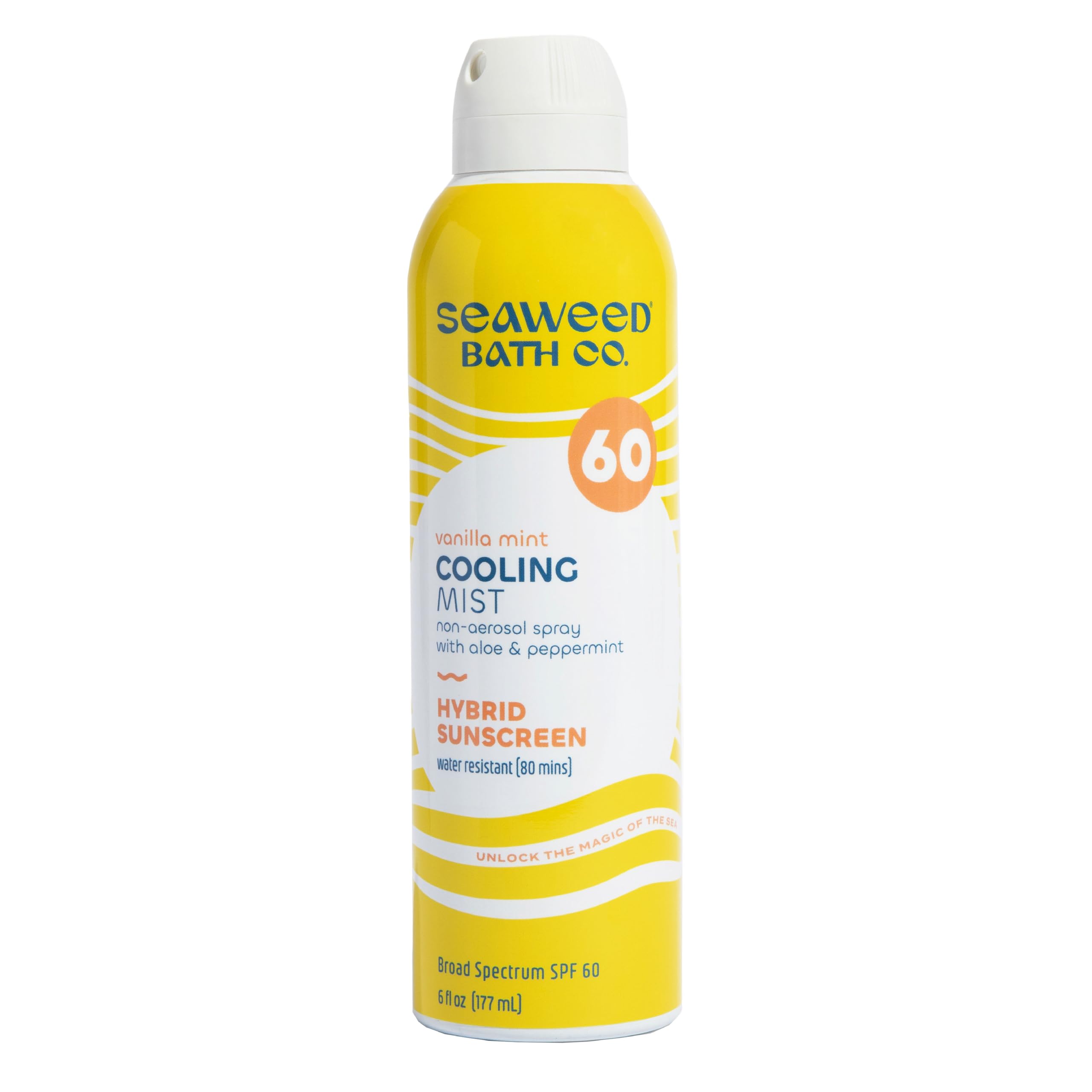 The Seaweed Bath Co. Cooling Mist SPF60 bottle shows easy, even coverage for outdoor protection.