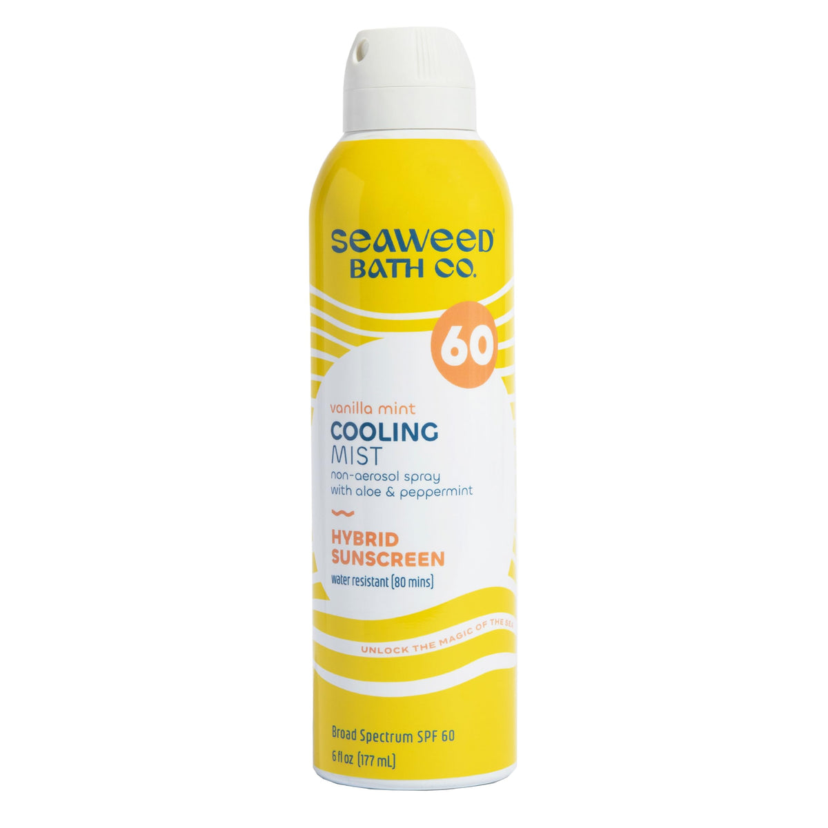 The Seaweed Bath Co. Cooling Mist SPF60 bottle shows easy, even coverage for outdoor protection.