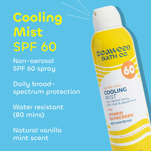 The Seaweed Bath Co. Cooling Mist SPF60 spray demonstrates quick, non-greasy application for outdoor days.