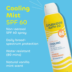 The Seaweed Bath Co. Cooling Mist SPF60 spray demonstrates quick, non-greasy application for outdoor days.