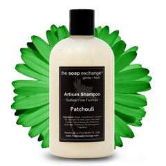 The Soap Exchange Patchouli Shampoo bottle for fragrant cleansing and nourishment.