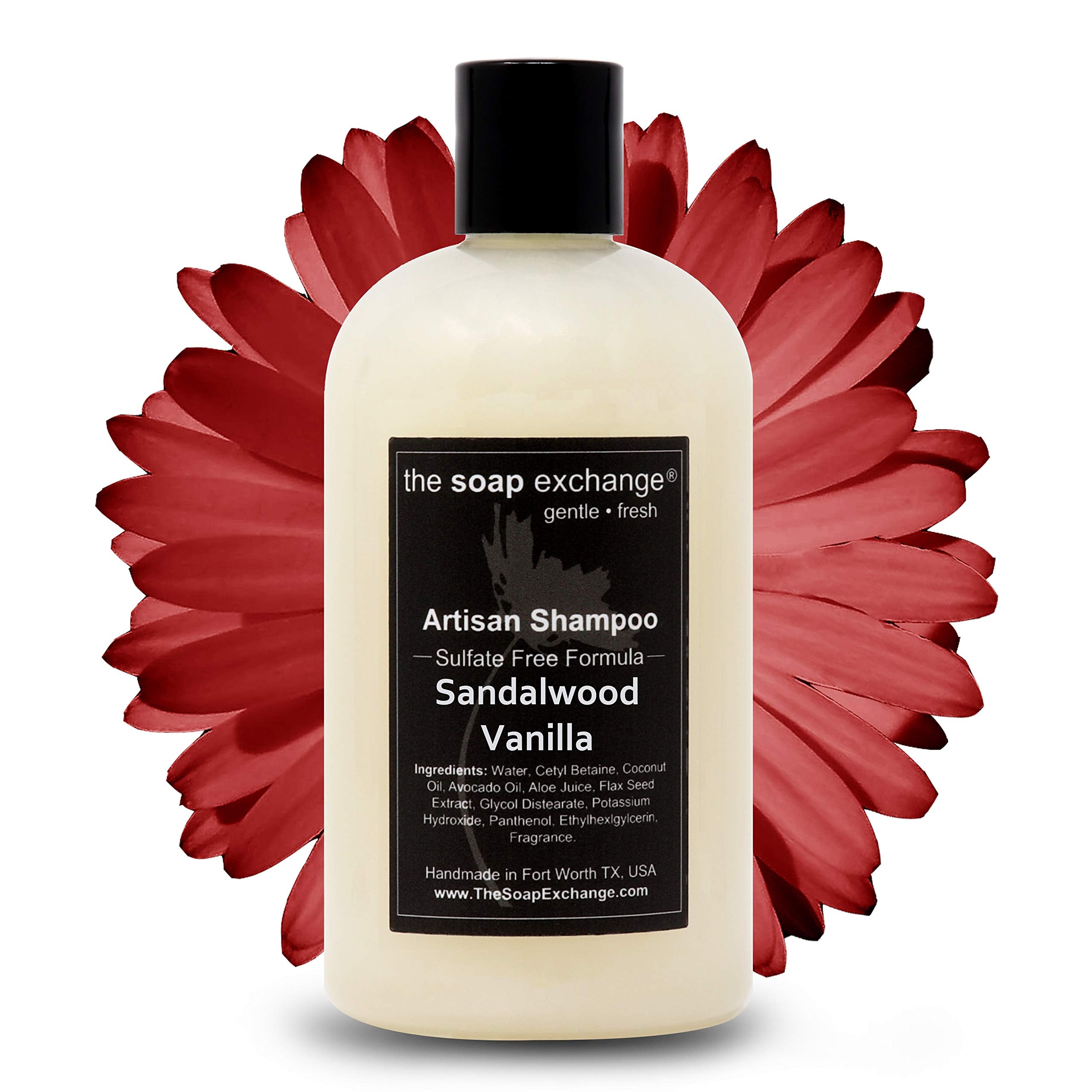 The Soap Exchange Hair Shampoo bottle with sandalwood vanilla aroma for daily cleansing