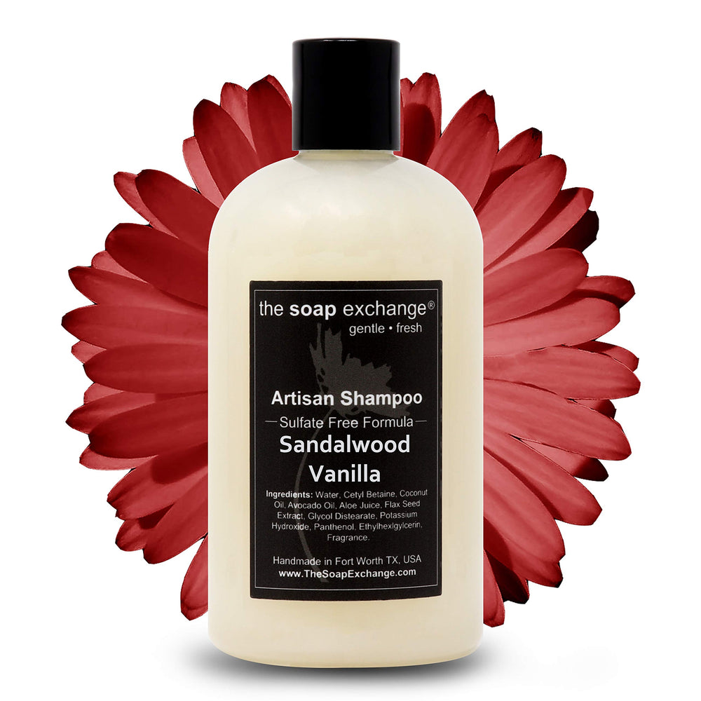 The Soap Exchange Hair Shampoo bottle with sandalwood vanilla aroma for daily cleansing
