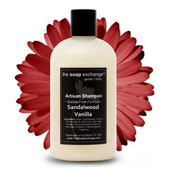 The Soap Exchange Hair Shampoo bottle with sandalwood vanilla aroma for daily cleansing