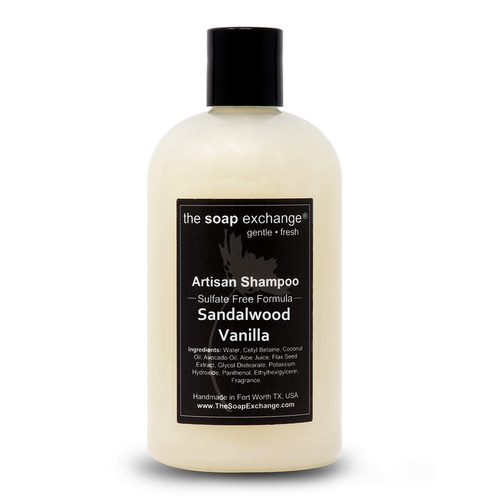The Soap Exchange Hair Shampoo label highlights artisan craftsmanship and natural sandalwood vanilla scent