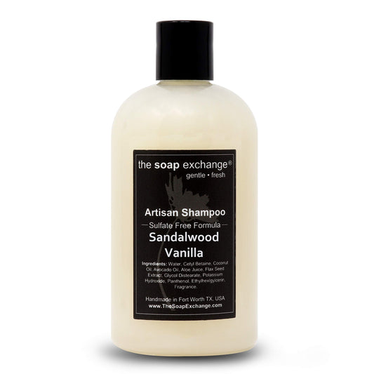 The Soap Exchange Hair Shampoo label highlights artisan craftsmanship and natural sandalwood vanilla scent