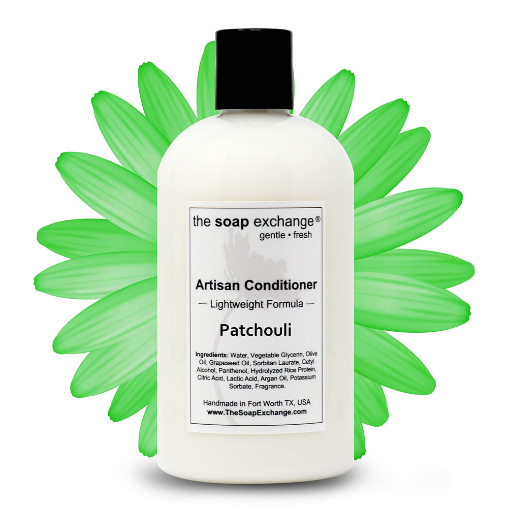 The Soap Exchange Patchouli conditioner bottle for nourished hair.