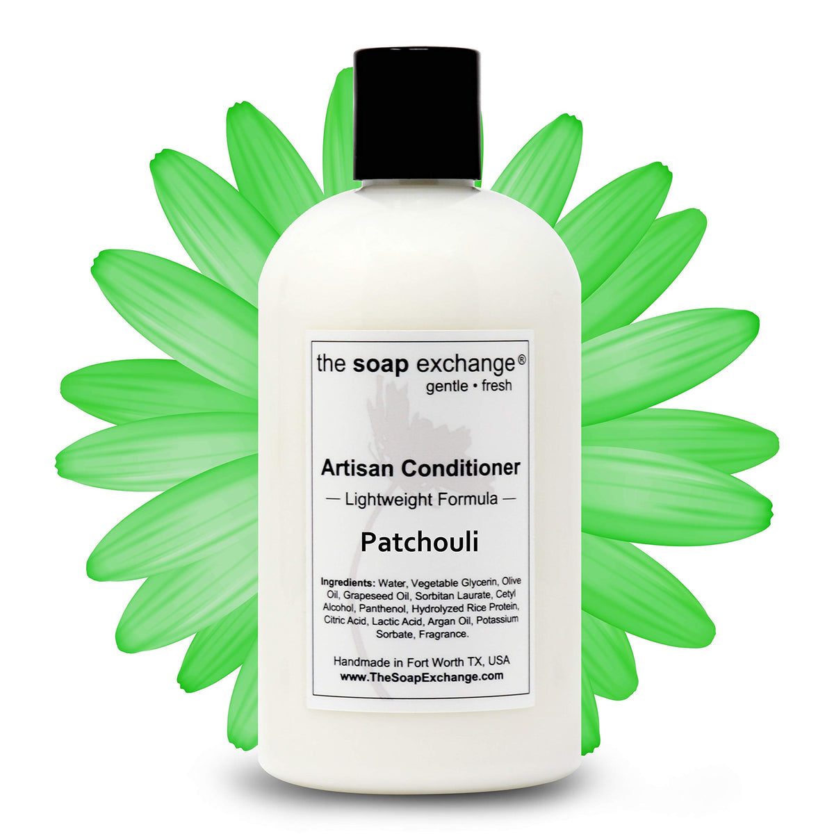 The Soap Exchange Patchouli conditioner bottle for nourished hair.