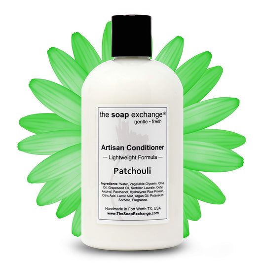 The Soap Exchange Patchouli conditioner bottle for nourished hair.