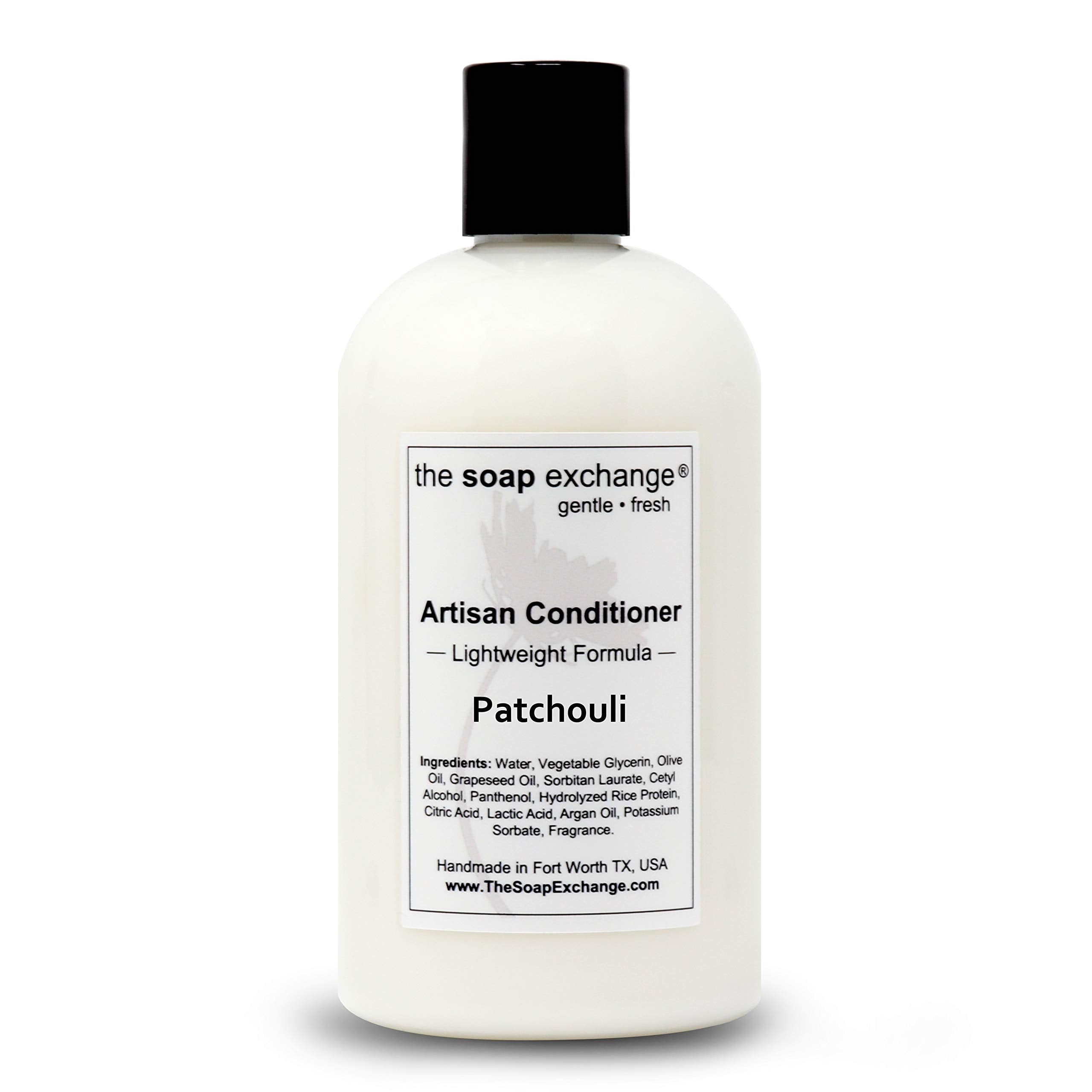 The Soap Exchange Patchouli conditioner label close-up highlighting natural ingredients.