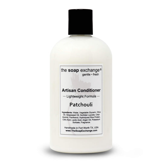 The Soap Exchange Patchouli conditioner label close-up highlighting natural ingredients.