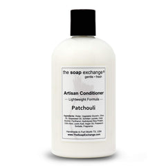 The Soap Exchange Patchouli conditioner label close-up highlighting natural ingredients.