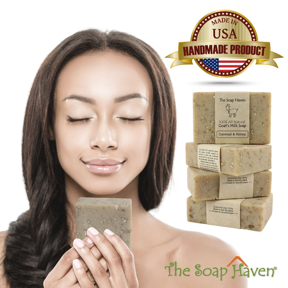 The Soap Haven Oatmeal Honey Goat Milk Bar surface glistening suggests gentle exfoliation and moisture