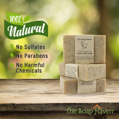 The Soap Haven Oatmeal Honey Goat Milk Bar sliced reveals creamy interior for smooth cleansing