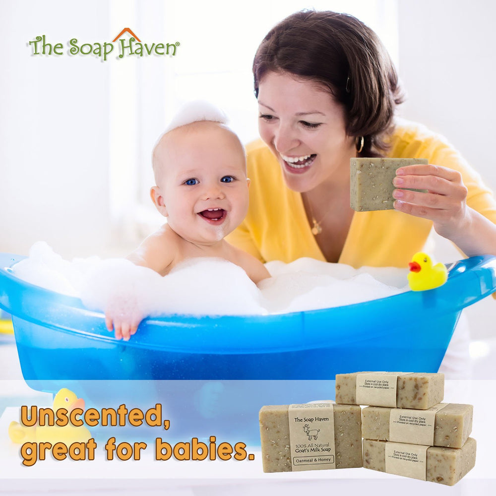 The Soap Haven Oatmeal Honey Goat Milk Bar wrapped highlights natural ingredients and unscented appeal
