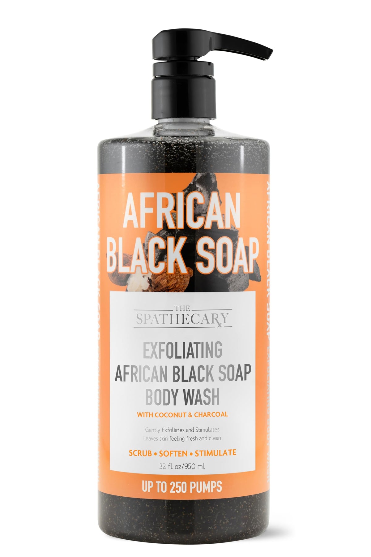 The Spathecary African Black Soap Exfoliating Body Wash bottle-pump highlights coconut nourishment and charcoal detox.