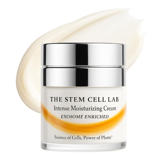 The Stem Cell Lab 101 exosome moisturizing cream bottle highlighting hydration potential.