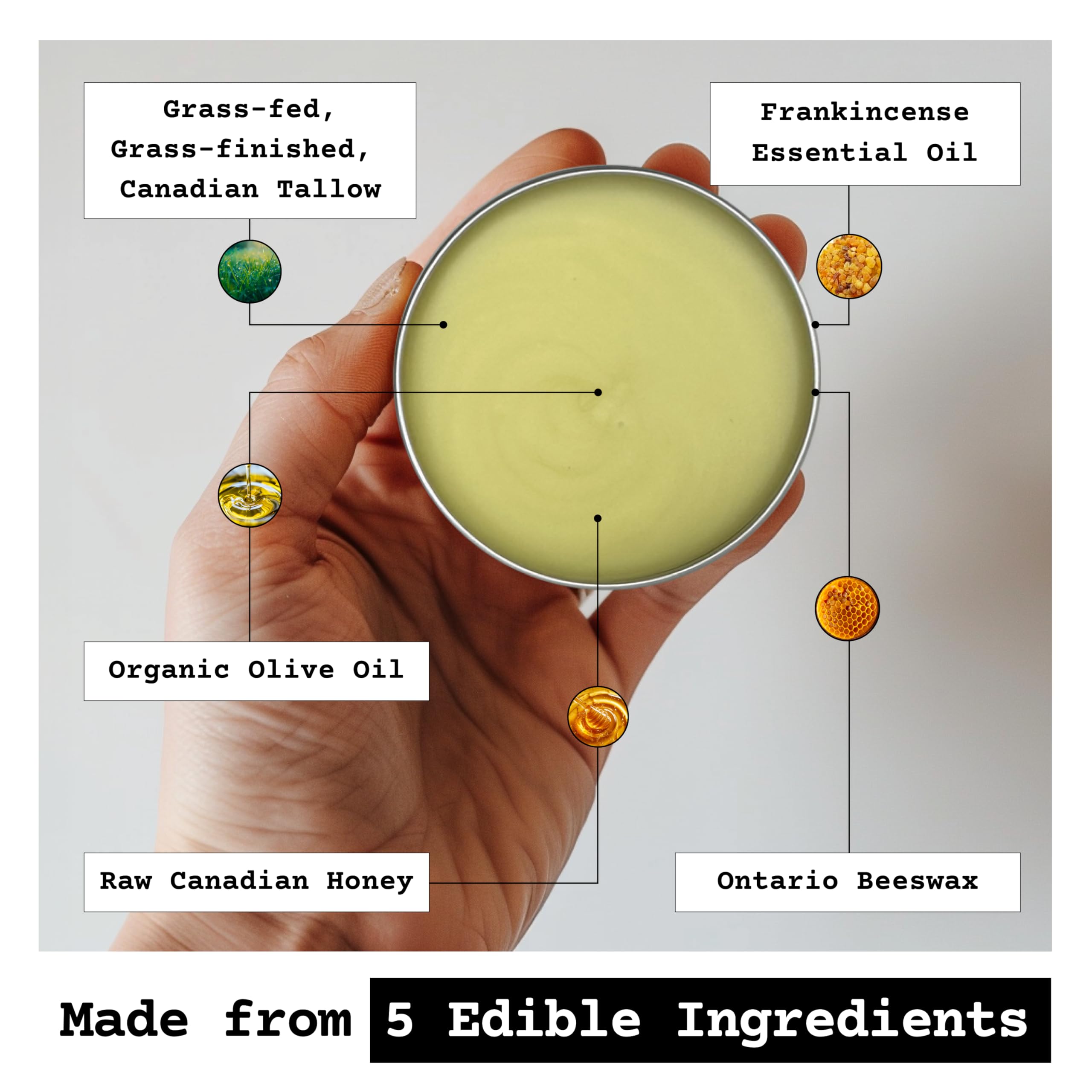 The Tallowed Truth F-Balm Tallow label highlights grass-fed sourcing