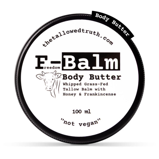 The Tallowed Truth F-Balm whipped butter jar closeup for deep hydration.