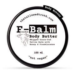 The Tallowed Truth F-Balm whipped butter jar closeup for deep hydration.