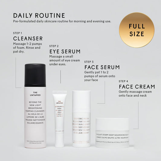 The Untamed Daily Kit serum bottle close-up highlighting hydration-boosting treatment.