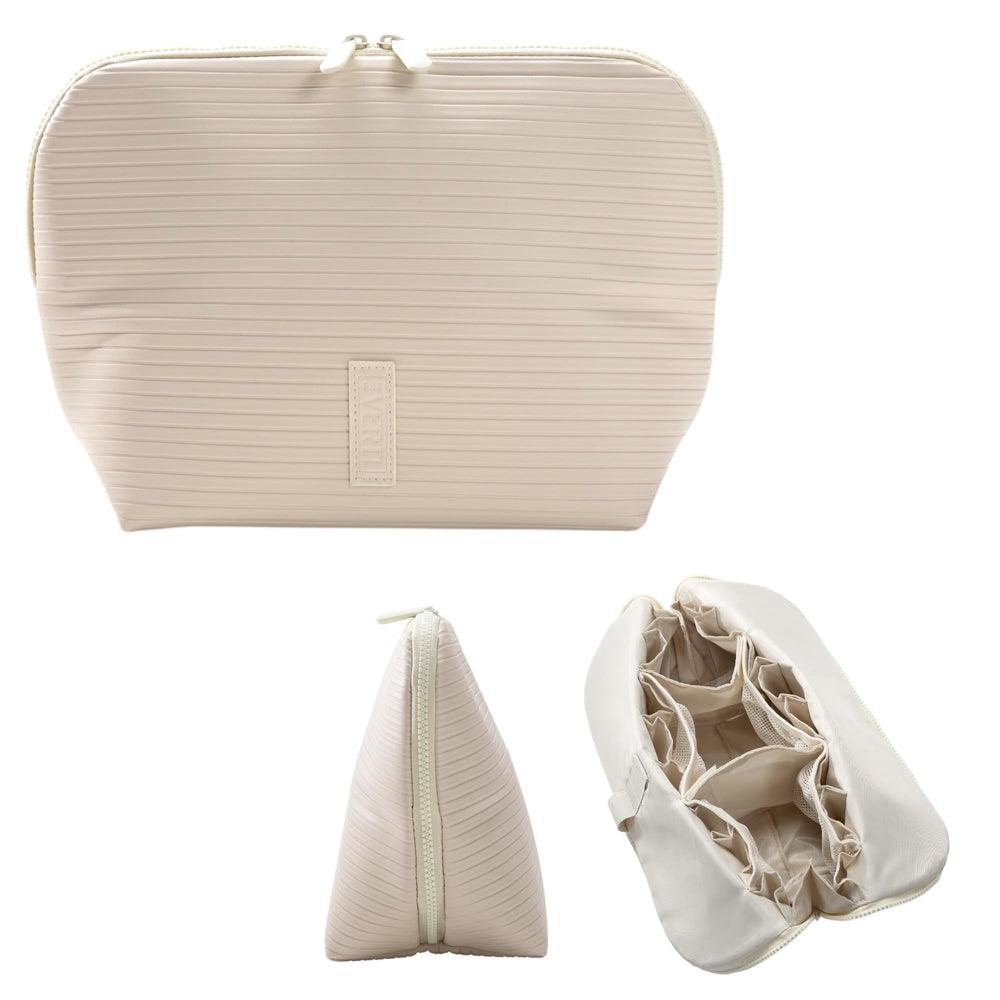 THE VERTI vertical waterproof makeup bag front view showing organized travel kit