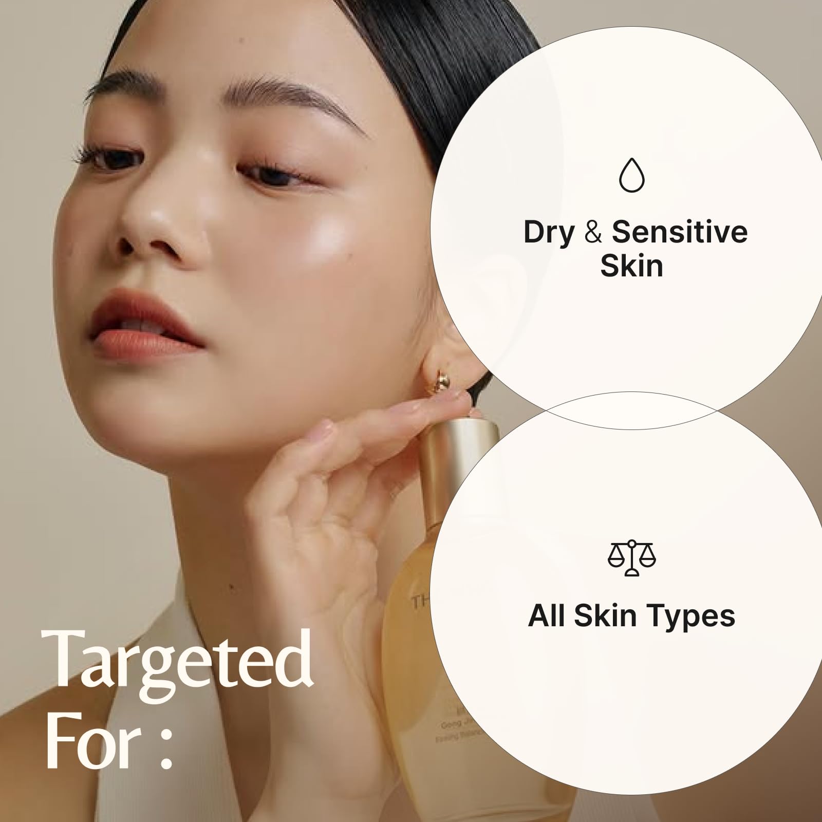 THE WHOO Gongjinhyang Firming Emulsion on the face demonstrates gentle nourishment.
