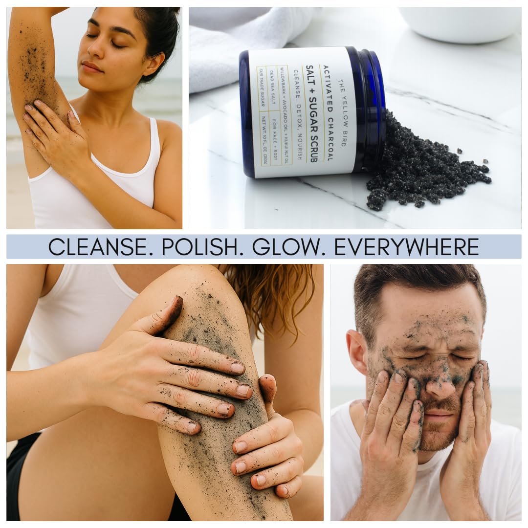 The Yellow Bird activated charcoal scrub packaging shot highlights a clean USA-made formula.