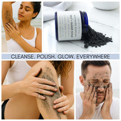 The Yellow Bird activated charcoal scrub packaging shot highlights a clean USA-made formula.