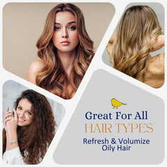 The Yellow Bird dry shampoo applied at roots showing lift and bounce.