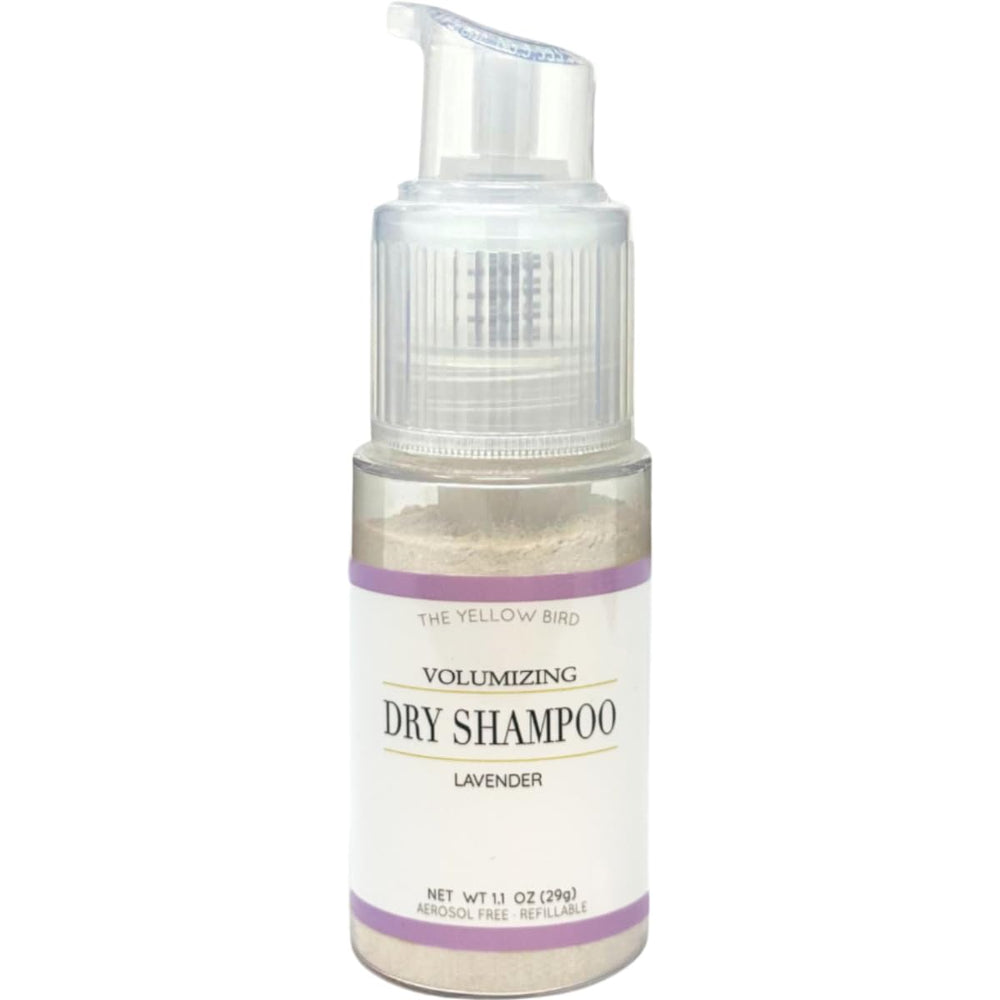 The Yellow Bird dry shampoo pump bottle delivers quick, mess-free refreshing and oil absorption.