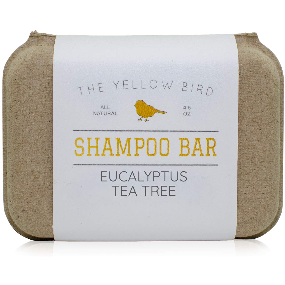 The Yellow Bird eucalyptus tea tree shampoo bar in sustainable packaging for eco conscious care
