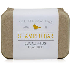 The Yellow Bird eucalyptus tea tree shampoo bar in sustainable packaging for eco conscious care