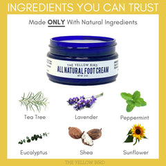 The Yellow Bird Foot Cream ingredients panel highlighting natural oils.