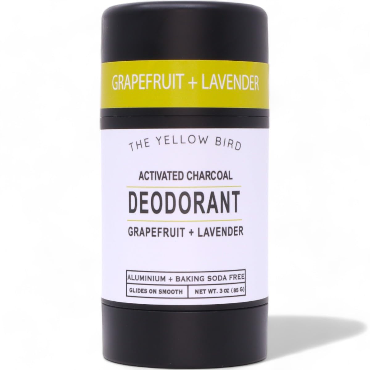 The Yellow Bird natural charcoal deodorant bottle offers smooth application and all-day odor protection.
