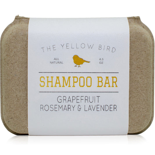 The Yellow Bird solid bar shampoo grapefruit-scent for a refreshing cleanse.