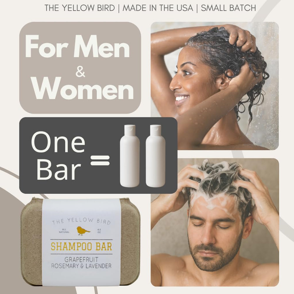 The Yellow Bird solid bar shampoo kaolin-clay buildup-removal for cleaner strands.