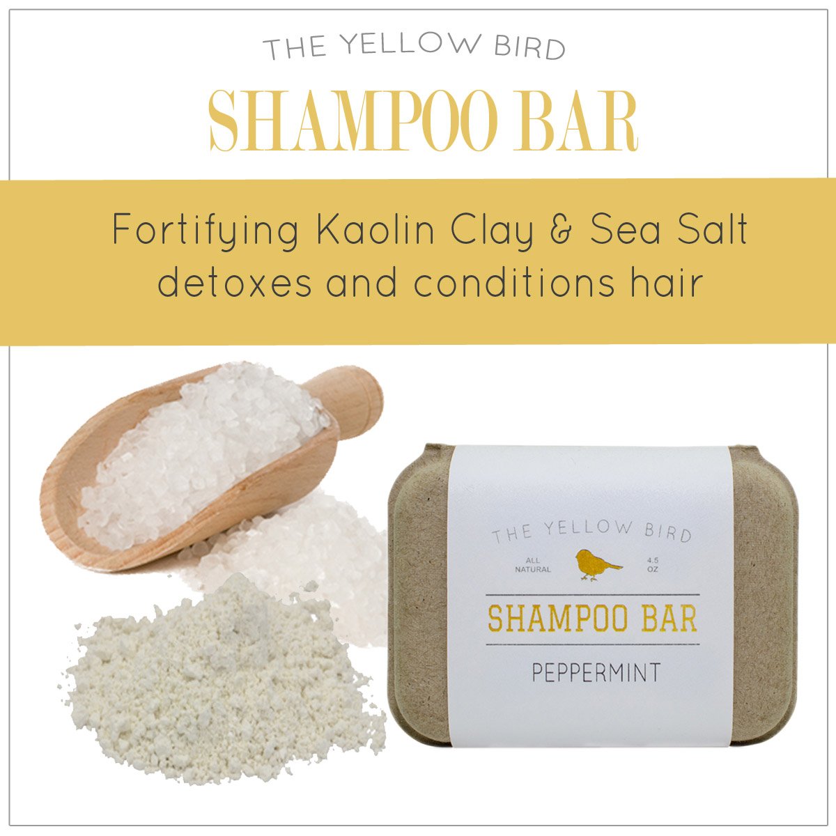 The Yellow Bird solid bar shampoo recyclable-box packaging supports eco-friendly use.