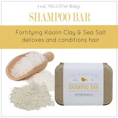 The Yellow Bird solid bar shampoo recyclable-box packaging supports eco-friendly use.