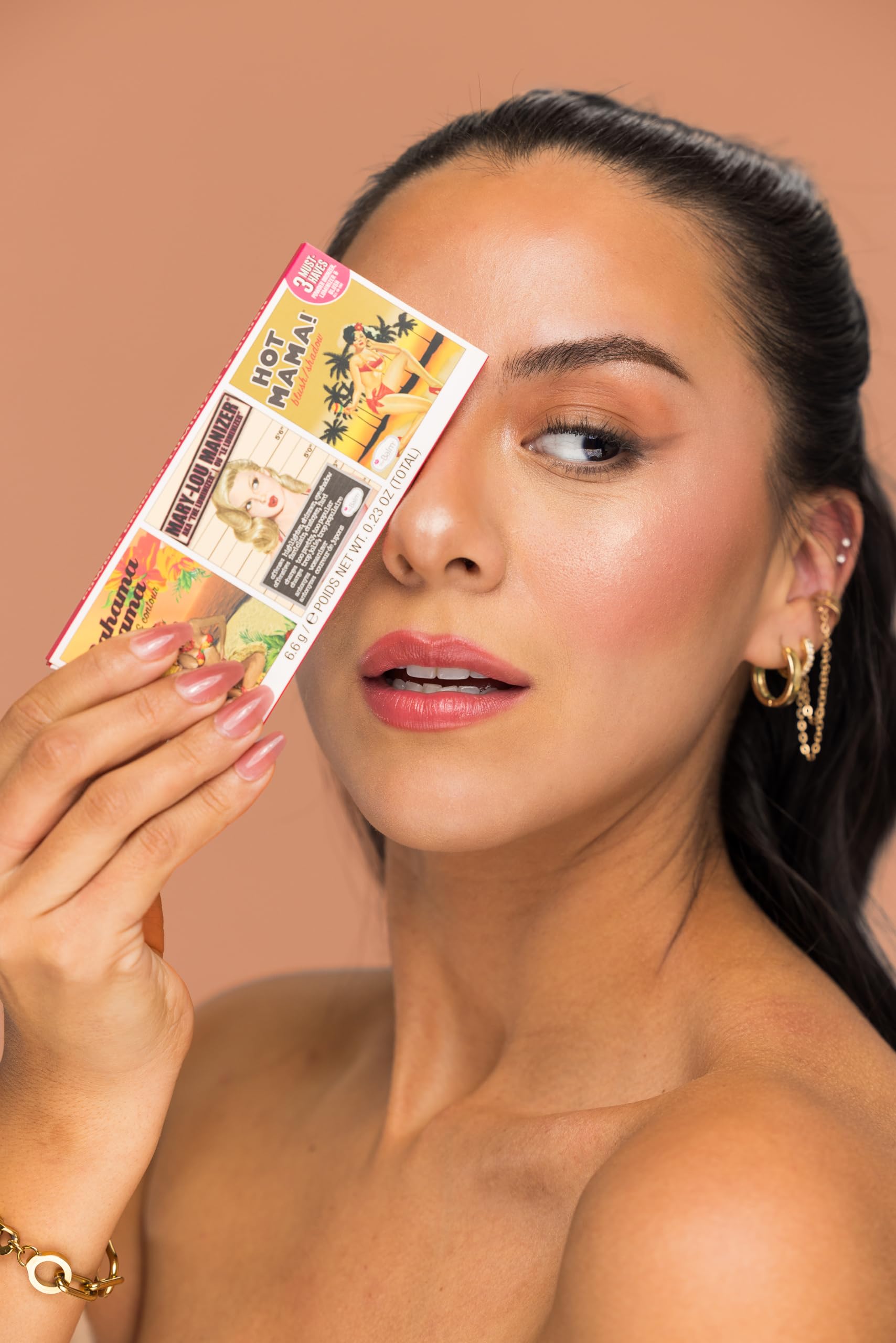 theBalm Hot Mama blush-shadow adds rosy peach warmth to cheeks and lids