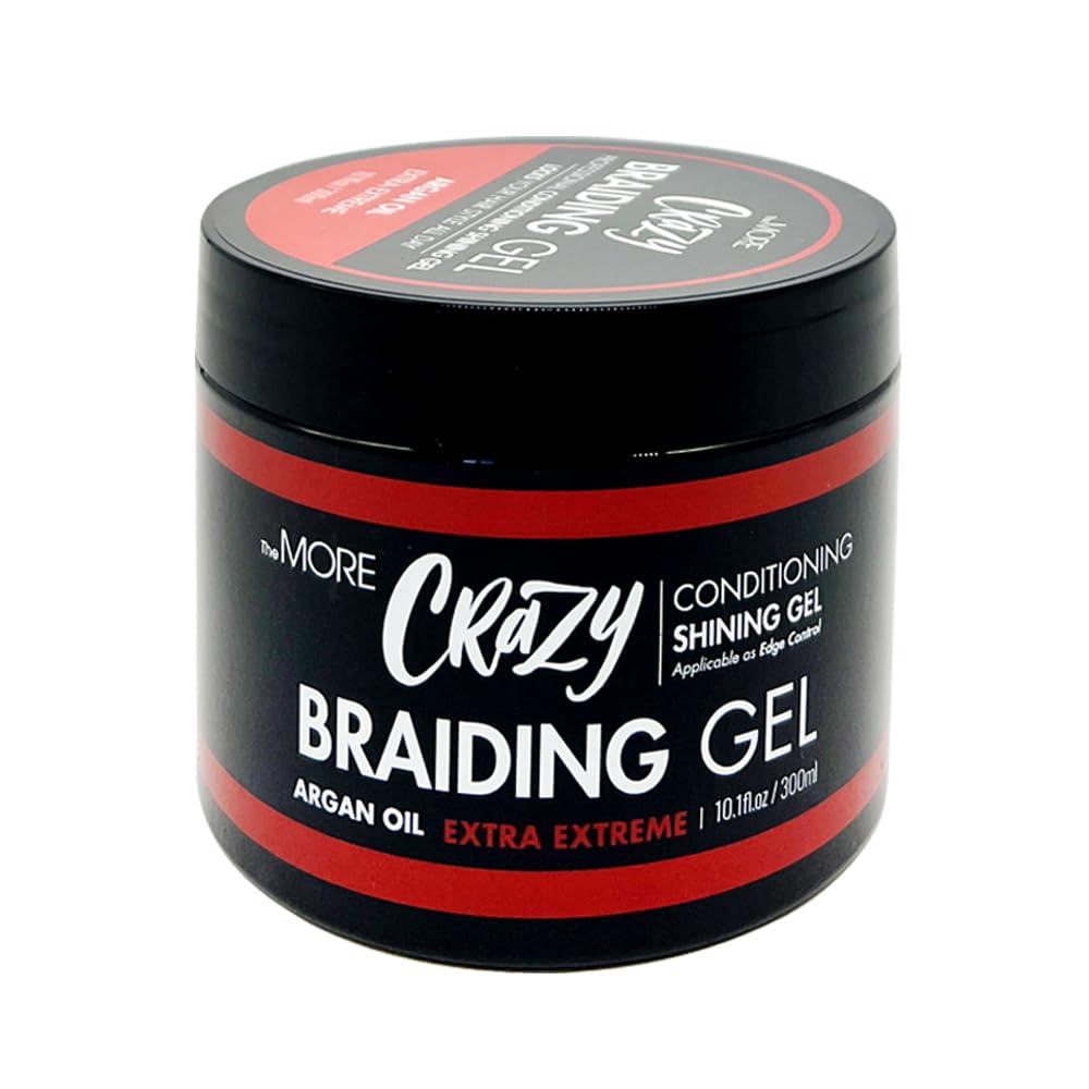 The MORE Crazy Braiding Gel packaging displays extreme hold for all hair types.