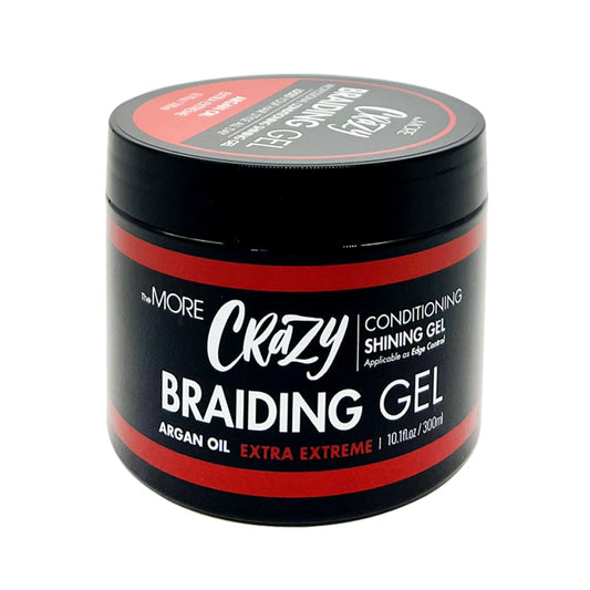 The MORE Crazy Braiding Gel packaging displays extreme hold for all hair types.