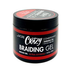 The MORE Crazy Braiding Gel packaging displays extreme hold for all hair types.