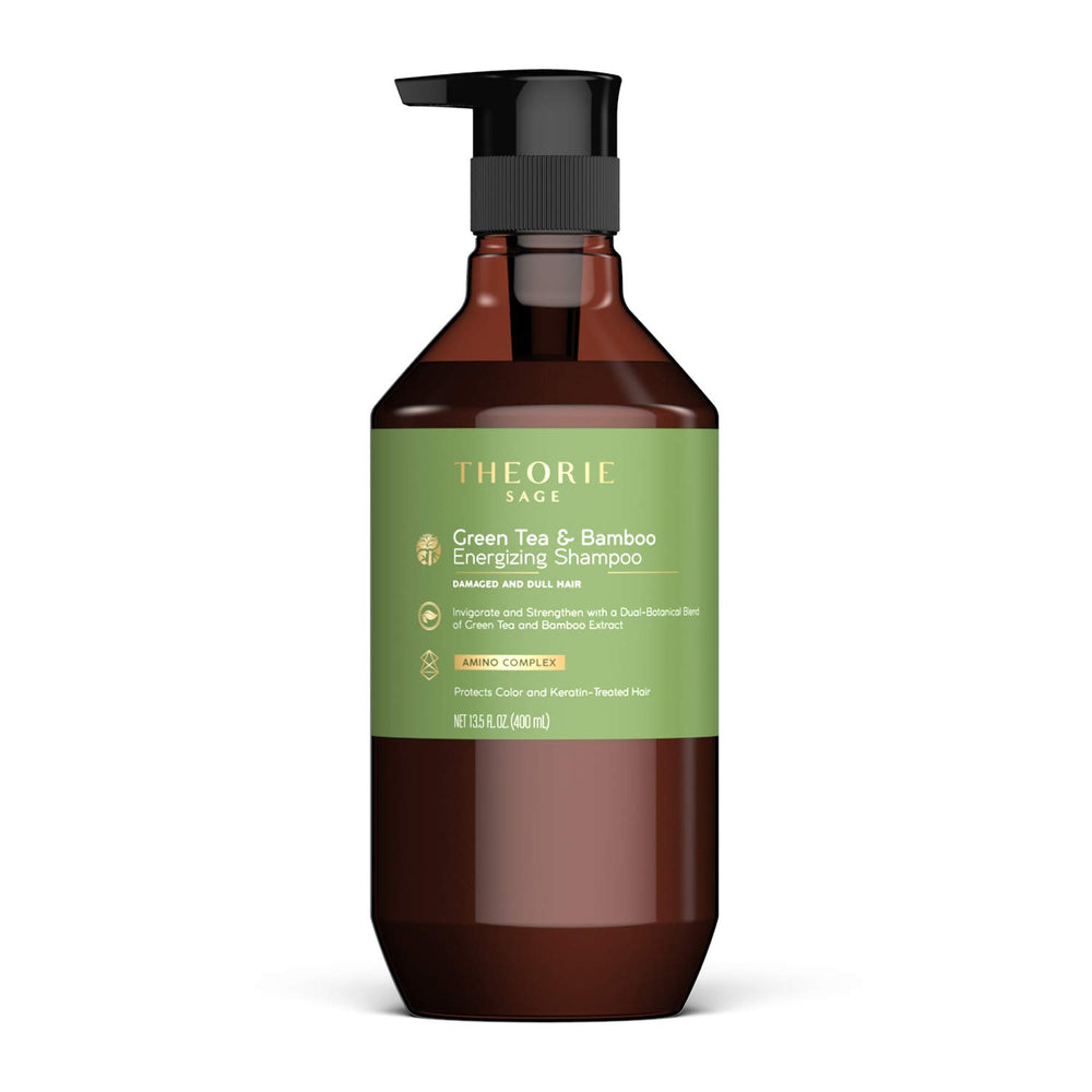 Theorie Green Tea & Bamboo Energizing Shampoo bottle front, refreshing cleanse for damaged hair