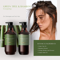 Theorie Green Tea & Bamboo Energizing Shampoo close-up foam on hair strands