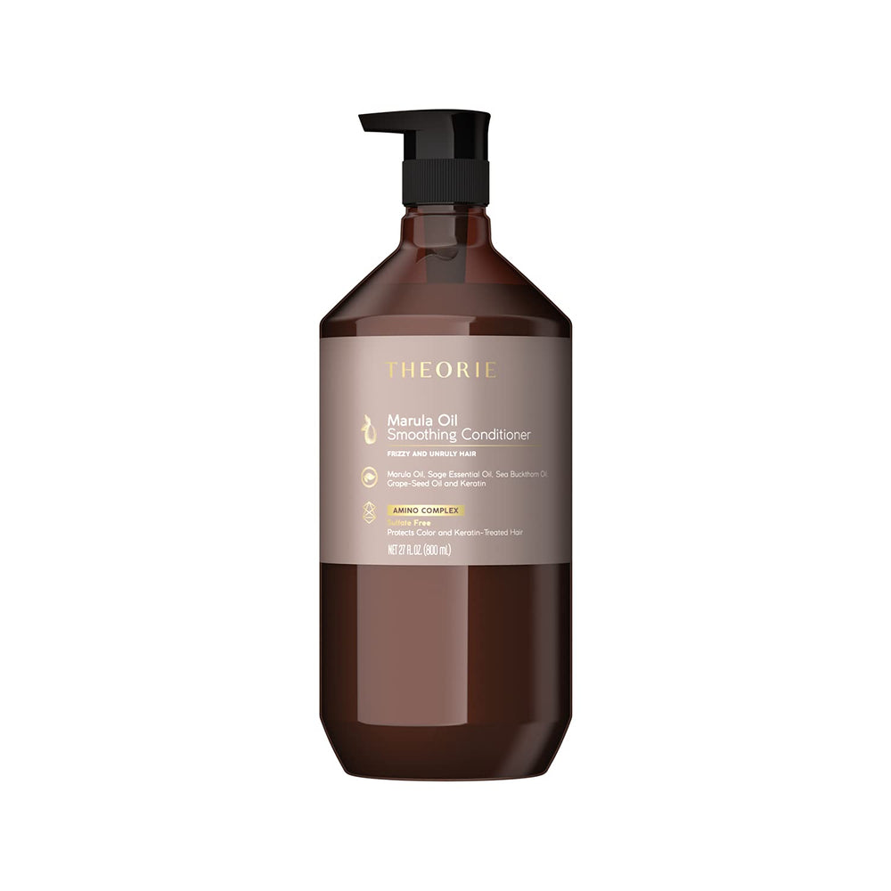 Theorie Marula Oil Conditioner bottle close-up highlighting frizz control and shine.