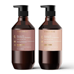 Theorie Marula Oil Conditioner ingredients label shot highlights key oils for nourishment.
