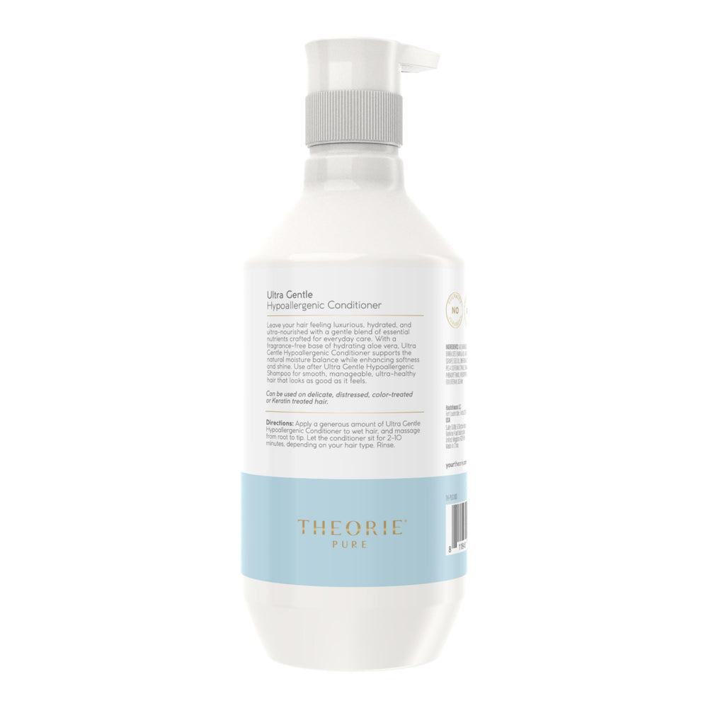 Theorie Pure Ultra Gentle Conditioner label closeup shows vegan hypoallergenic formula